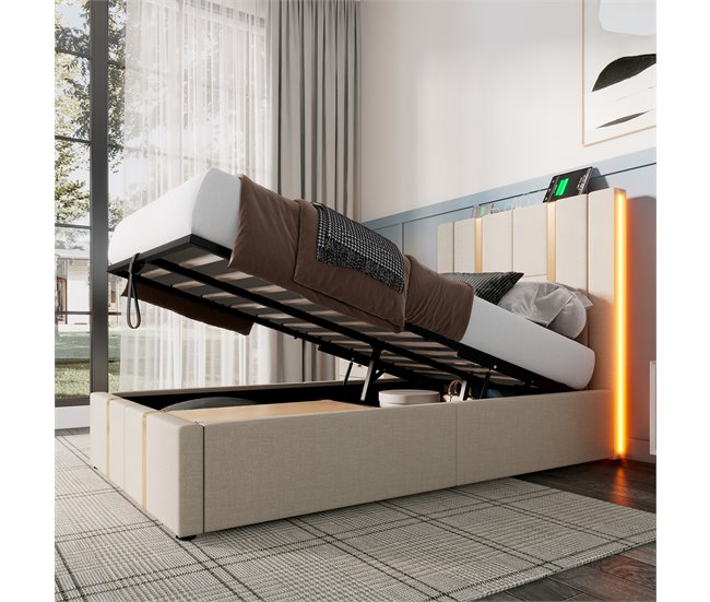 Conforama Cama Baúl 90x200 Cm Tapizada En Tela De Lino - Con LED Y Función De Carga - Con Somier De Láminas - Beige