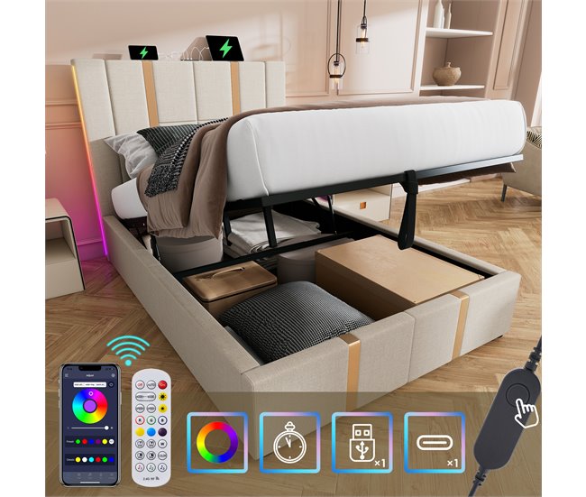 Conforama Cama Baúl 90x200 Cm Tapizada En Tela De Lino - Con LED Y Función De Carga - Con Somier De Láminas - Beige