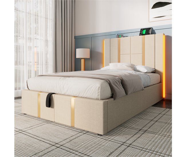Conforama Cama Baúl 90x200 Cm Tapizada En Tela De Lino - Con LED Y Función De Carga - Con Somier De Láminas - Beige