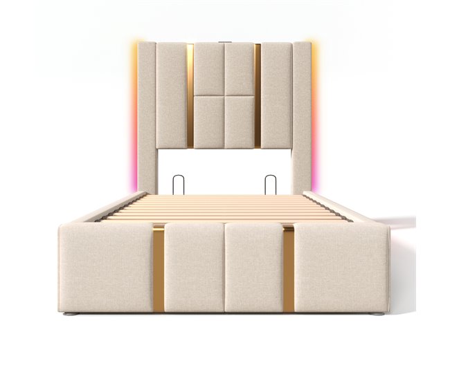 Conforama Cama baúl 90x200 cm tapizada en tela de lino - con LED y función de carga - con somier de láminas - Beige
