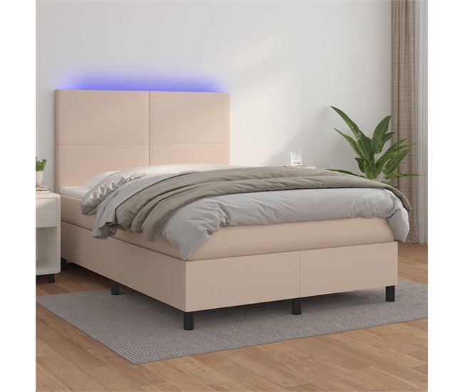 Conforama Cama Box Spring Colchón LED Cuero Sintético Capuchino 140x200cm Diseño Plano