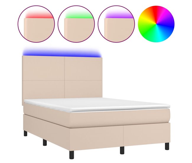 Conforama Cama box spring colchón LED cuero sintético capuchino 140x200cm Diseño plano
