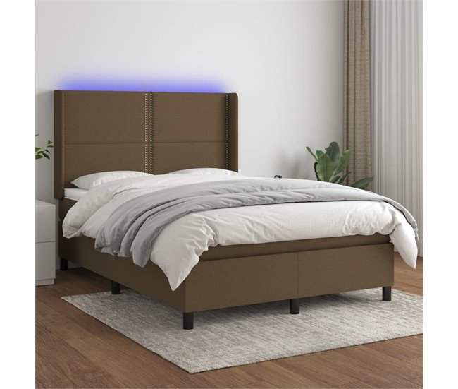 Conforama Cama Box Spring Colchón Luces LED Tela Marrón Oscuro 140x190 Cm Liso Con Clavos