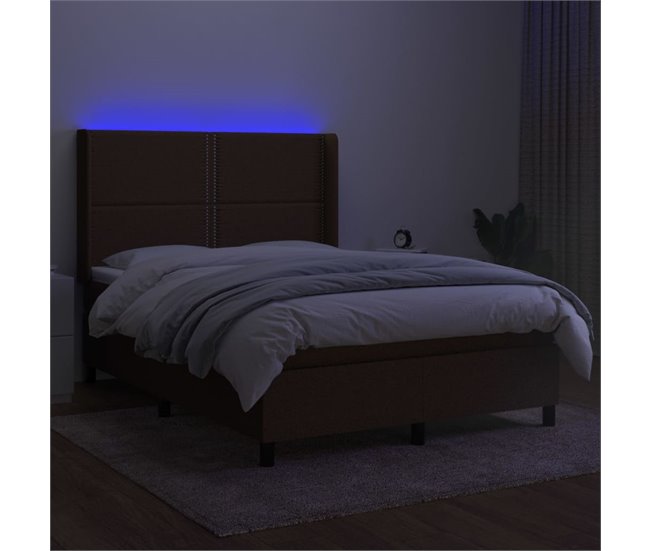 Conforama Cama Box Spring Colchón Luces LED Tela Marrón Oscuro 140x190 Cm Liso Con Clavos