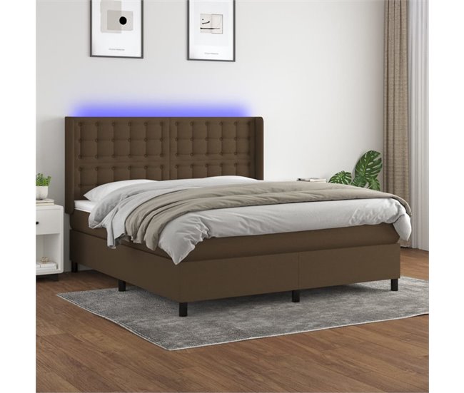 Conforama Cama Box Spring Colchón Luces LED Tela Marrón Oscuro 180x200cm Botones