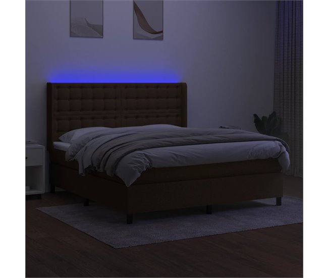 Conforama Cama Box Spring Colchón Luces LED Tela Marrón Oscuro 180x200cm Botones