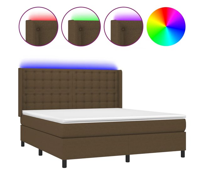 Conforama Cama box spring colchón luces LED tela marrón oscuro 180x200cm Botones