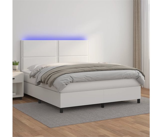 Conforama Cama Box Spring Colchón Y LED Cuero Sintético Blanco 160x200 Cm Liso Con Clavos