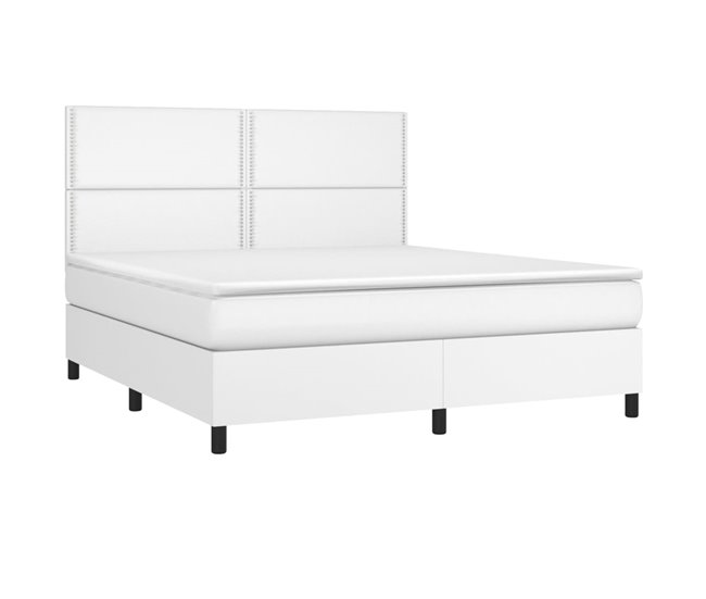 Conforama Cama Box Spring Colchón Y LED Cuero Sintético Blanco 160x200 Cm Liso Con Clavos
