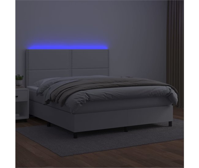 Conforama Cama Box Spring Colchón Y LED Cuero Sintético Blanco 160x200 Cm Liso Con Clavos