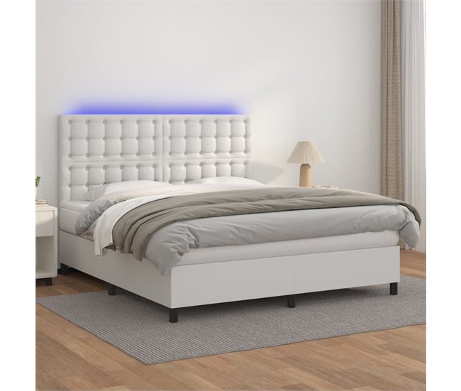 Conforama Cama Box Spring Colchón Y LED Cuero Sintético Blanco 180x200 Cm Botones