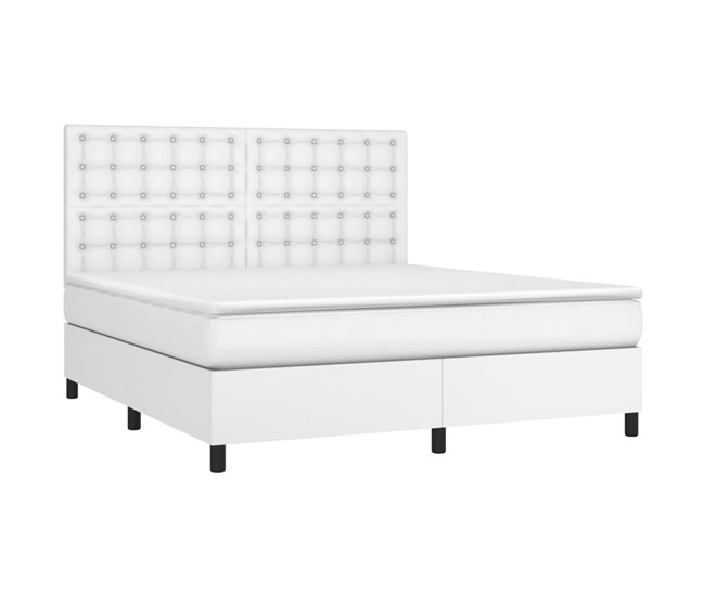 Conforama Cama Box Spring Colchón Y LED Cuero Sintético Blanco 180x200 Cm Botones
