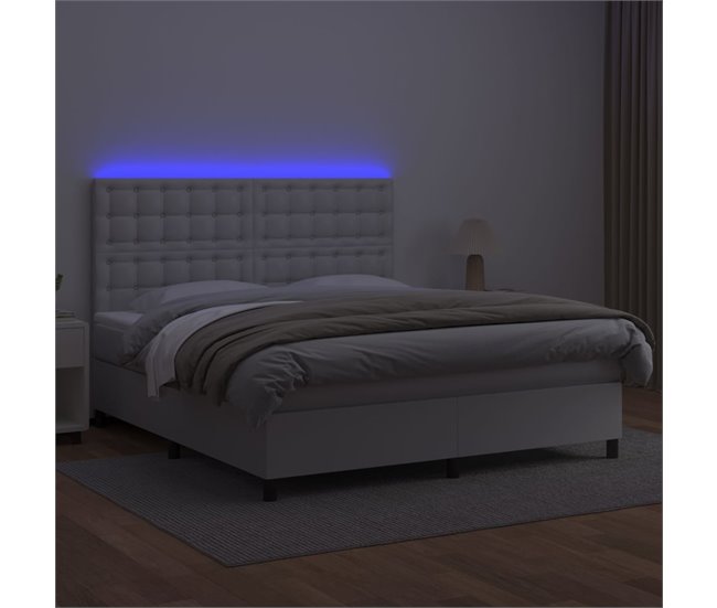 Conforama Cama Box Spring Colchón Y LED Cuero Sintético Blanco 180x200 Cm Botones