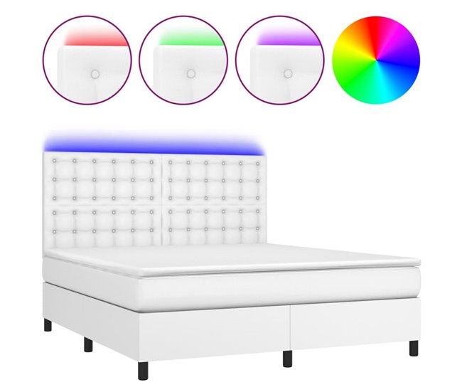 Conforama Cama box spring colchón y LED cuero sintético blanco 180x200 cm Botones