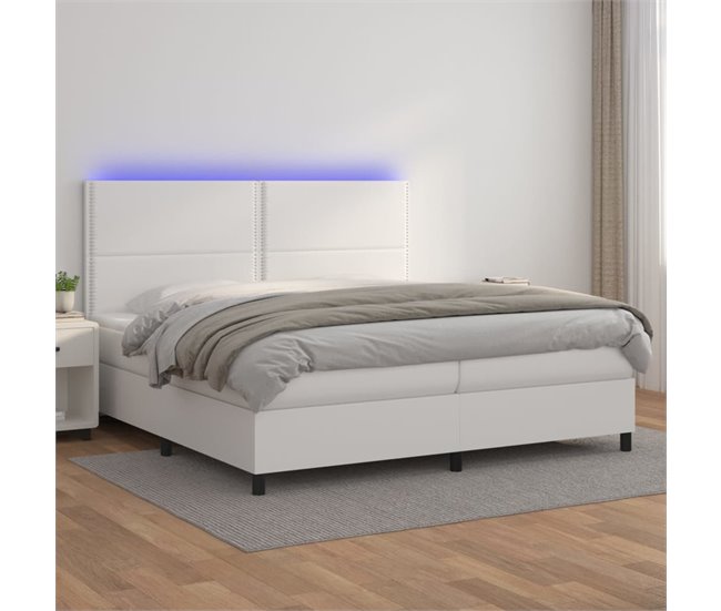 Conforama Cama Box Spring Colchón Y LED Cuero Sintético Blanco 200x200 Cm Liso Con Clavos