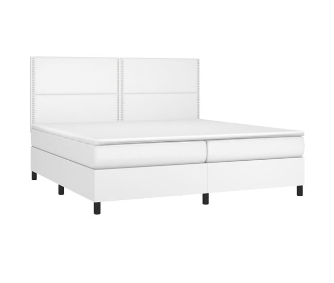 Conforama Cama Box Spring Colchón Y LED Cuero Sintético Blanco 200x200 Cm Liso Con Clavos