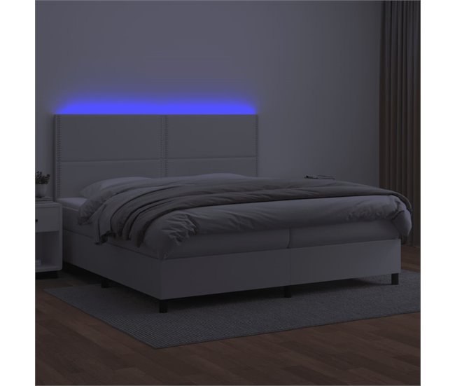Conforama Cama Box Spring Colchón Y LED Cuero Sintético Blanco 200x200 Cm Liso Con Clavos