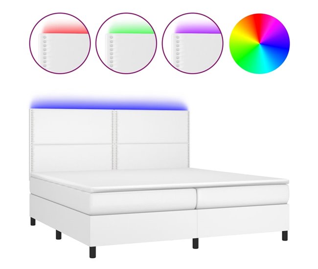 Conforama Cama box spring colchón y LED cuero sintético blanco 200x200 cm Liso con clavos