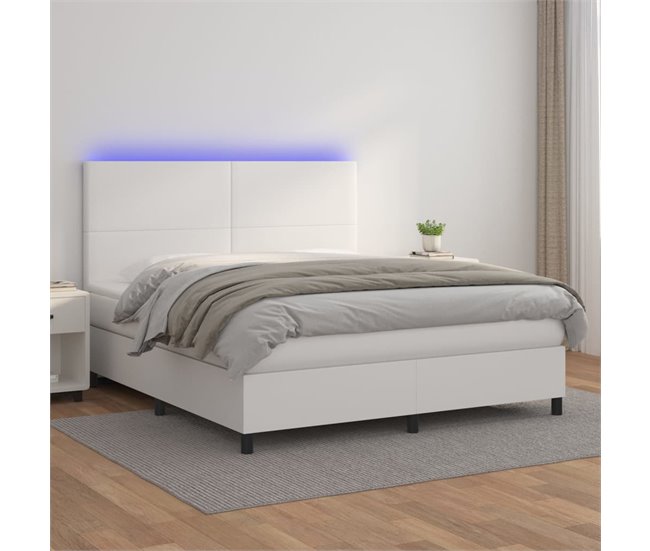 Conforama Cama Box Spring Colchón Y LED Cuero Sintético Blanco 160x200 Cm Diseño Plano