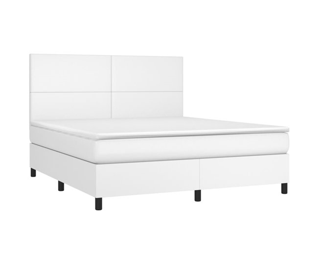 Conforama Cama Box Spring Colchón Y LED Cuero Sintético Blanco 160x200 Cm Diseño Plano