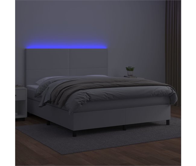 Conforama Cama Box Spring Colchón Y LED Cuero Sintético Blanco 160x200 Cm Diseño Plano