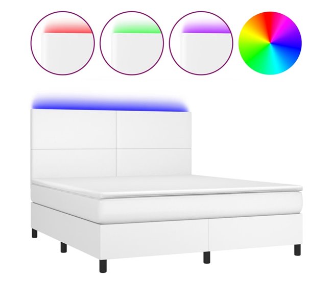 Conforama Cama box spring colchón y LED cuero sintético blanco 160x200 cm Diseño plano
