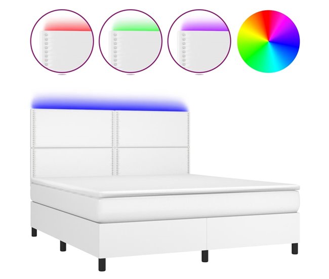 Conforama Cama box spring colchón y LED cuero sintético blanco 160x200 cm Liso con clavos