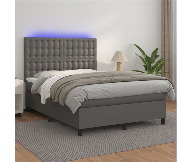 Conforama Cama Box Spring Colchón Y LED Cuero Sintético Gris 140x200 Cm Botones