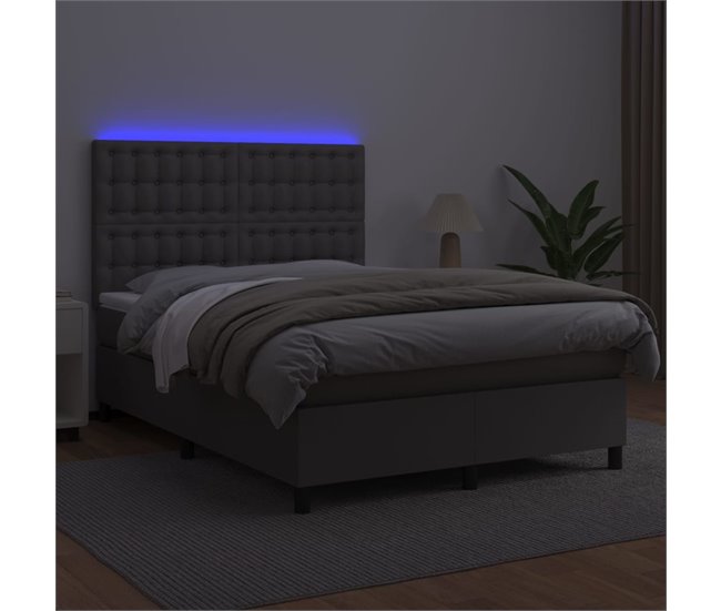 Conforama Cama Box Spring Colchón Y LED Cuero Sintético Gris 140x200 Cm Botones