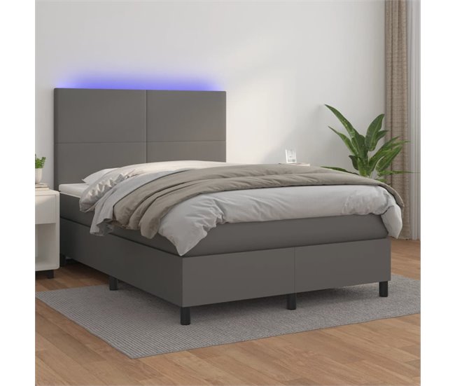 Conforama Cama Box Spring Colchón Y LED Cuero Sintético Gris 140x190 Cm Diseño Plano