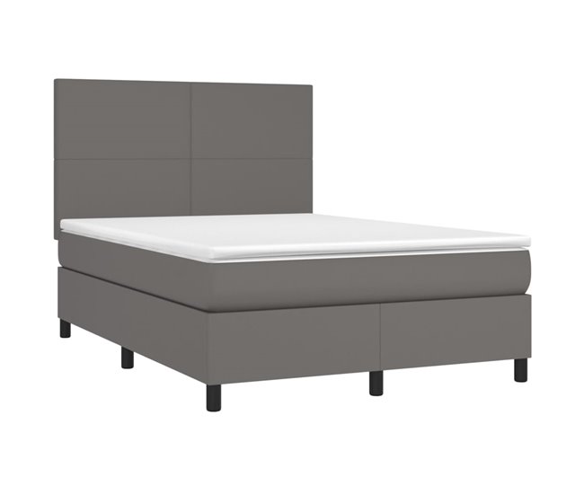 Conforama Cama Box Spring Colchón Y LED Cuero Sintético Gris 140x190 Cm Diseño Plano