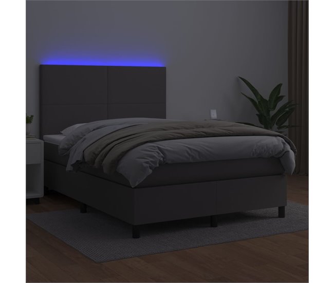 Conforama Cama Box Spring Colchón Y LED Cuero Sintético Gris 140x190 Cm Diseño Plano