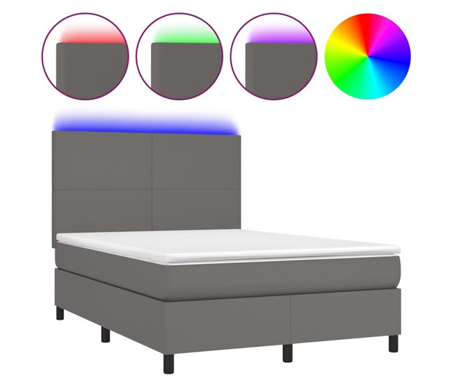 Conforama Cama box spring colchón y LED cuero sintético gris 140x190 cm Diseño plano