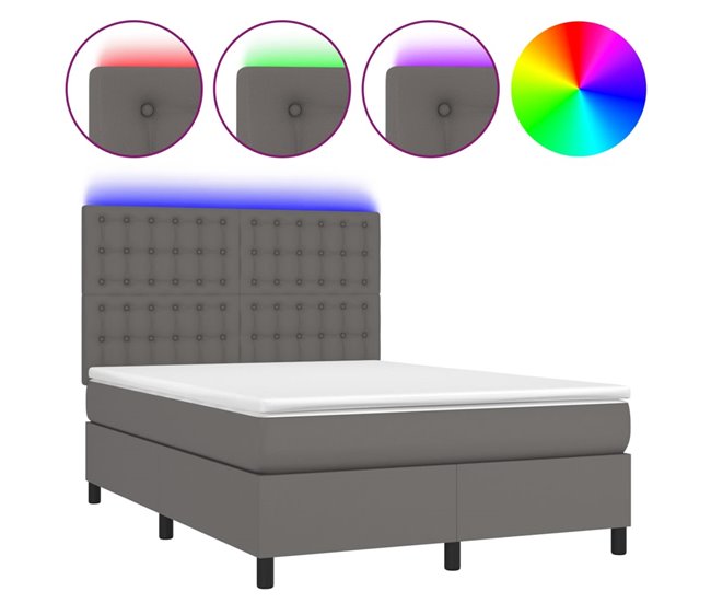 Conforama Cama box spring colchón y LED cuero sintético gris 140x200 cm Botones