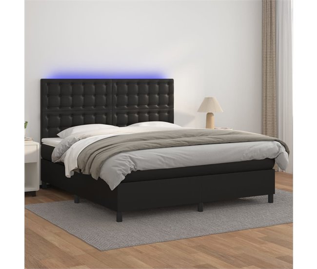 Conforama Cama Box Spring Colchón Y LED Cuero Sintético Negro 160x200 Cm Botones