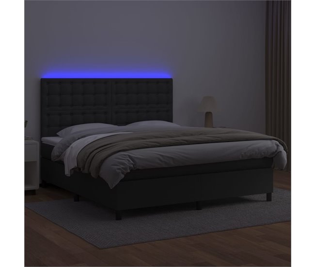 Conforama Cama Box Spring Colchón Y LED Cuero Sintético Negro 160x200 Cm Botones