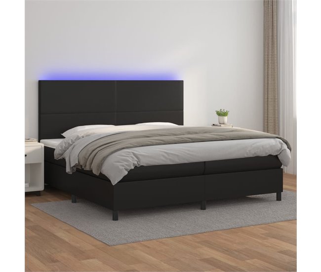 Conforama Cama Box Spring Colchón Y LED Cuero Sintético Negro 200x200 Cm Diseño Plano