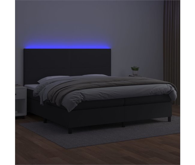 Conforama Cama Box Spring Colchón Y LED Cuero Sintético Negro 200x200 Cm Diseño Plano
