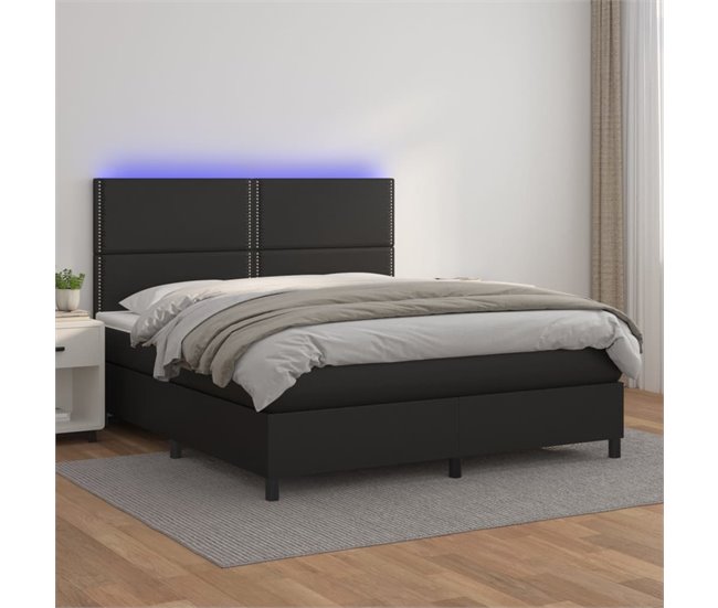 Conforama Cama Box Spring Colchón Y LED Cuero Sintético Negro 180x200 Cm Liso Con Clavos