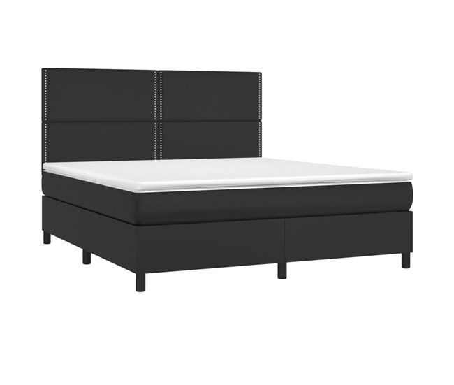 Conforama Cama Box Spring Colchón Y LED Cuero Sintético Negro 180x200 Cm Liso Con Clavos