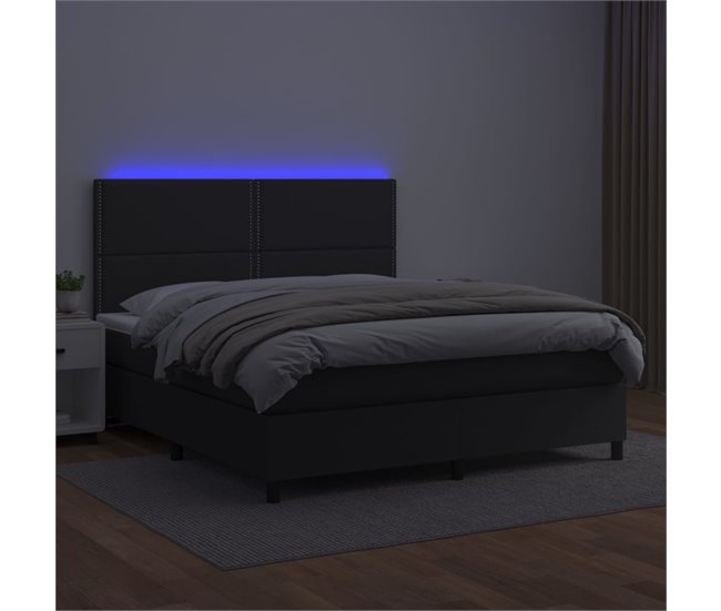Conforama Cama Box Spring Colchón Y LED Cuero Sintético Negro 180x200 Cm Liso Con Clavos