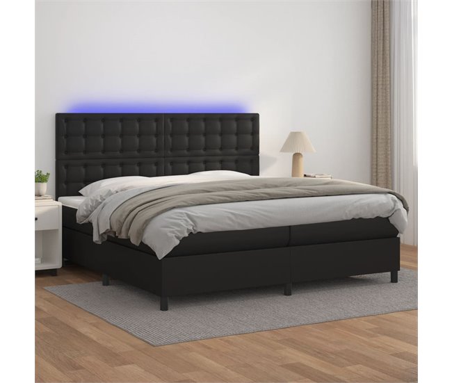 Conforama Cama Box Spring Colchón Y LED Cuero Sintético Negro 200x200 Cm Botones