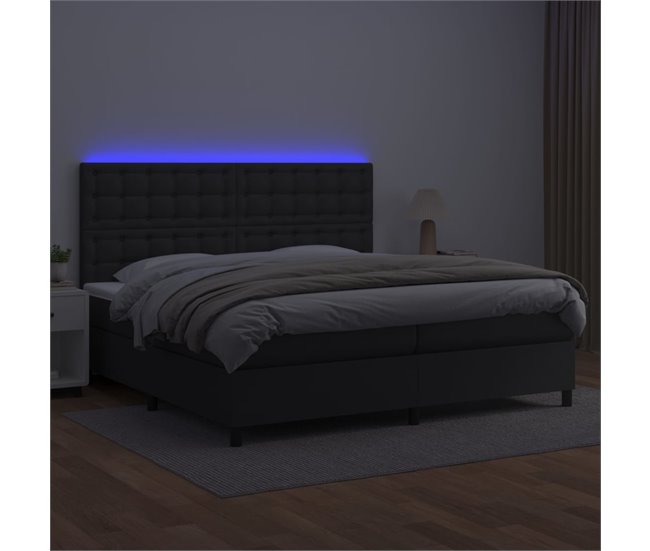 Conforama Cama Box Spring Colchón Y LED Cuero Sintético Negro 200x200 Cm Botones