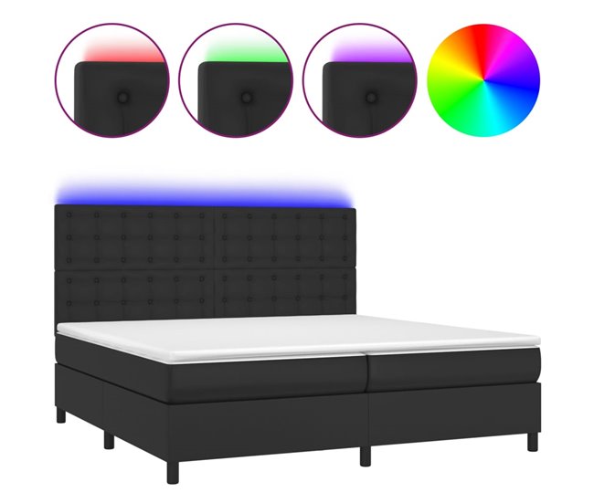 Conforama Cama box spring colchón y LED cuero sintético negro 200x200 cm Botones