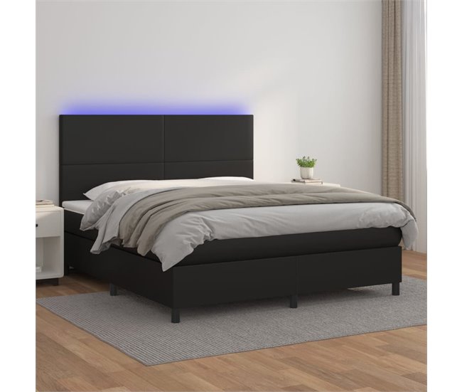 Conforama Cama Box Spring Colchón Y LED Cuero Sintético Negro 180x200 Cm Diseño Plano