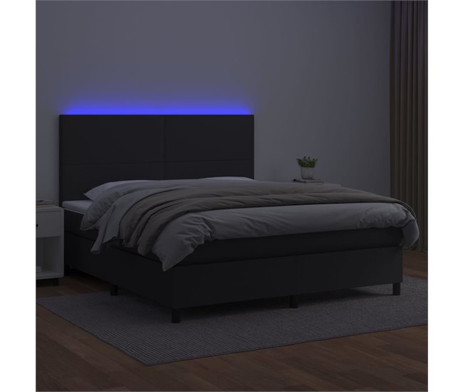 Conforama Cama Box Spring Colchón Y LED Cuero Sintético Negro 180x200 Cm Diseño Plano