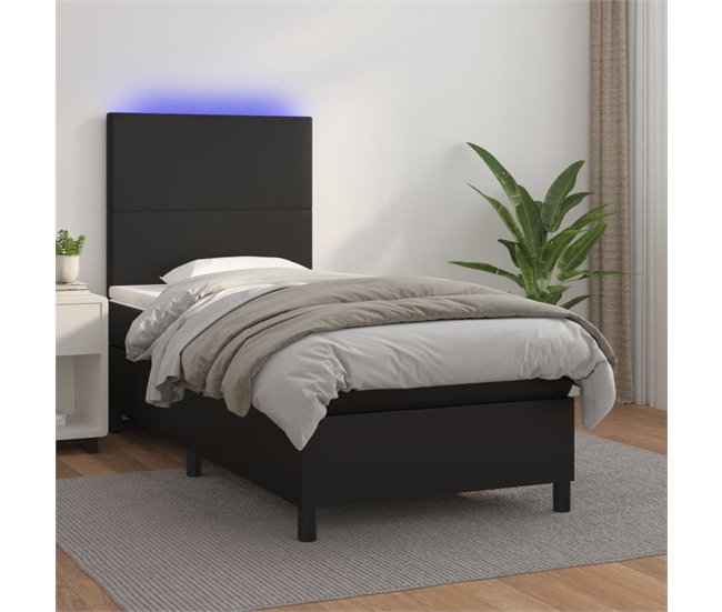 Conforama Cama Box Spring Colchón Y LED Cuero Sintético Negro 100x200 Cm Diseño Plano