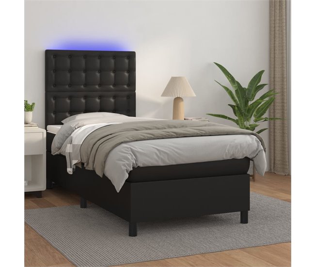 Conforama Cama Box Spring Colchón Y LED Cuero Sintético Negro 100x200 Cm Botones