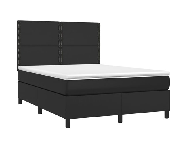 Conforama Cama Box Spring Colchón Y LED Cuero Sintético Negro 140x190 Cm Liso Con Clavos