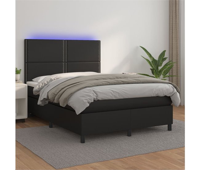 Conforama Cama Box Spring Colchón Y LED Cuero Sintético Negro 140x200 Cm Liso Con Clavos